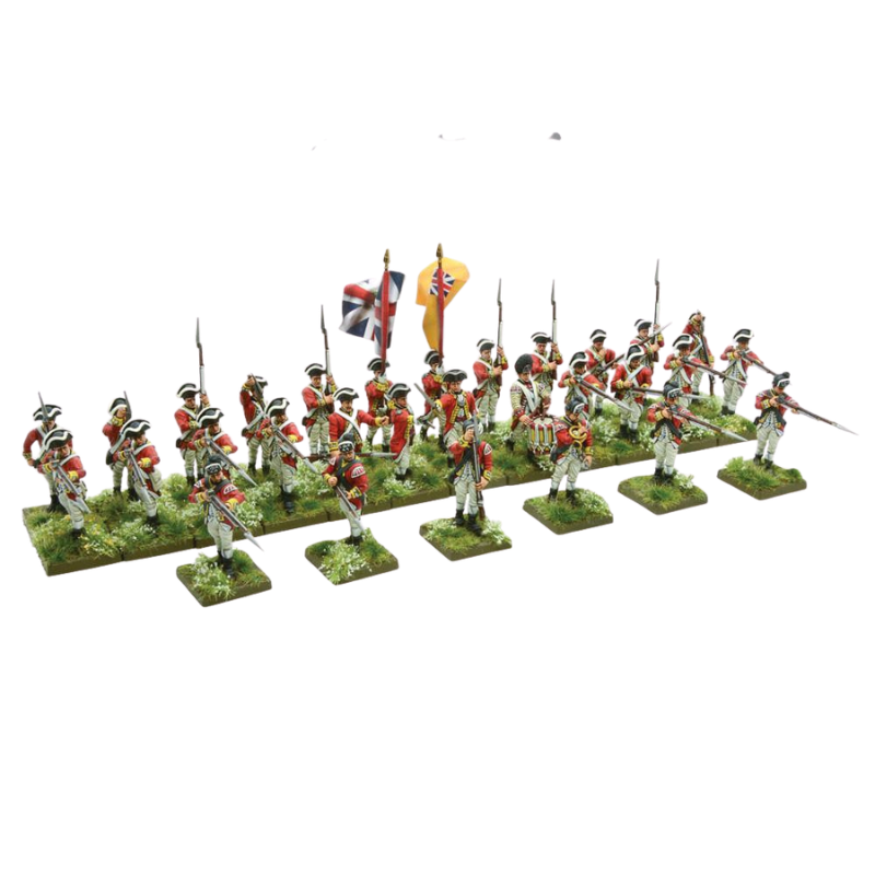 British Infantry Regiment WGR-AWI-01 – widok całego regimentu 30 pomalowanych figurek brytyjskiej piechoty w czerwonych mundurach z bagnetami i flagami Union Jack, 28mm Black Powder AWI
