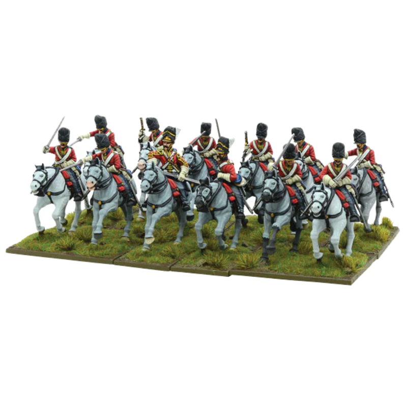 British Union Brigade Cavalry 302011002 – 12 pomalowanych figurek ciężkiej kawalerii brytyjskiej w czerwonych mundurach na siwych koniach, widok z boku, 28mm Black Powder

