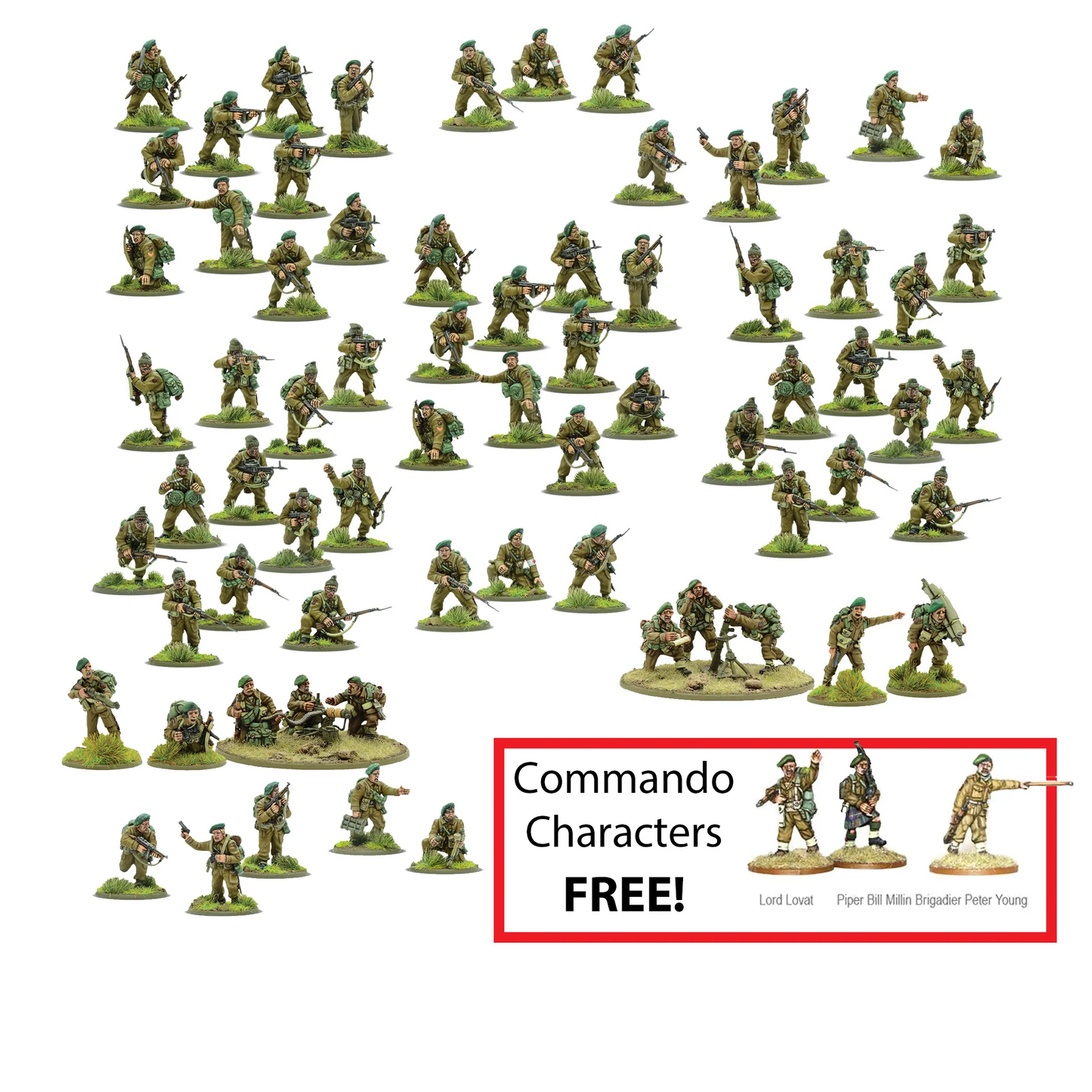ritish & Inter-Allied Commandos Starter Army Bundle Bolt Action Warlord Games - pomalowane figurki 28mm ok. 70 komandosów w zielonych mundurach i beretach na trawiastych podstawkach, widok całej armii z góry, w prawym dolnym rogu wstawka z napisem "Commando Characters FREE!" z figurkami Lord Lovat, Piper Bill Millin i Brigadier Peter Young, kod COMMANDOSARMYBUNDLE01