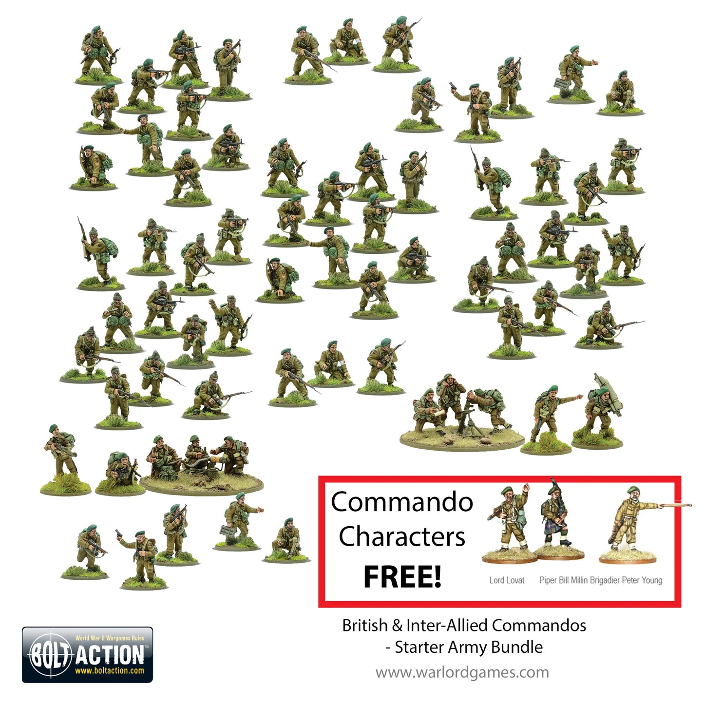 British & Inter-Allied Commandos Starter Army Bundle Bolt Action - widok całej armii ok. 70 figurek komandosów 28mm w zielonych mundurach i beretach, w prawym dolnym rogu wstawka "Commando Characters FREE!" z figurkami Lord Lovat, Piper Bill Millin i Brigadier Peter Young, logo Bolt Action, napis British & Inter-Allied Commandos Starter Army Bundle, warlordgames.com
