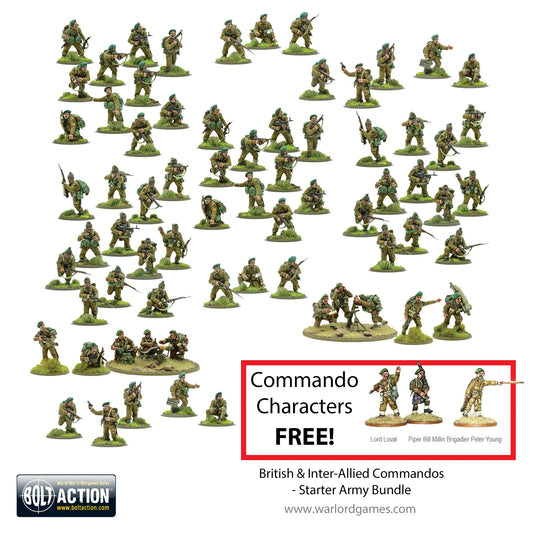 British & Inter-Allied Commandos Starter Army Bundle Bolt Action - widok całej armii ok. 70 figurek komandosów 28mm w zielonych mundurach i beretach, w prawym dolnym rogu wstawka "Commando Characters FREE!" z figurkami Lord Lovat, Piper Bill Millin i Brigadier Peter Young, logo Bolt Action, napis British & Inter-Allied Commandos Starter Army Bundle, warlordgames.com