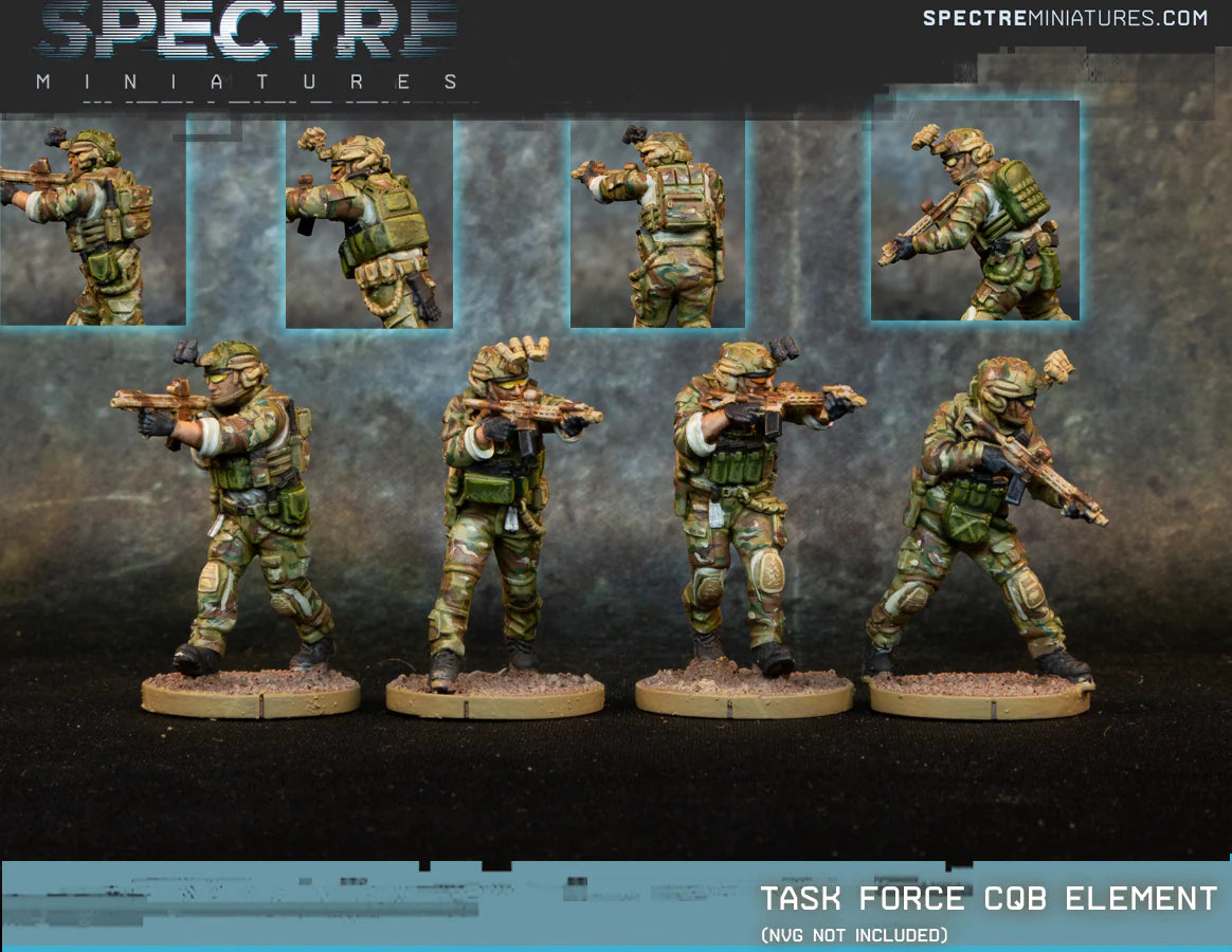 Task Force CQB Element Spectre Miniatures – 4 operatorzy w kamuflażu Multicam z tłumionymi M4 300 Blackout, widok z przodu i z tyłu z detalami wyposażenia
