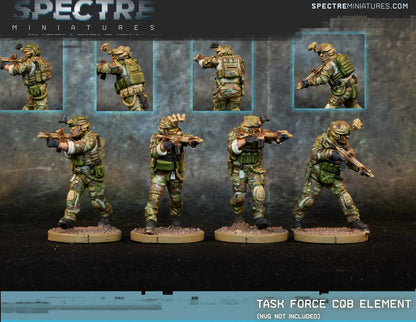 Task Force CQB Element Spectre Miniatures – 4 operatorzy w kamuflażu Multicam z tłumionymi M4 300 Blackout, widok z przodu i z tyłu z detalami wyposażenia
