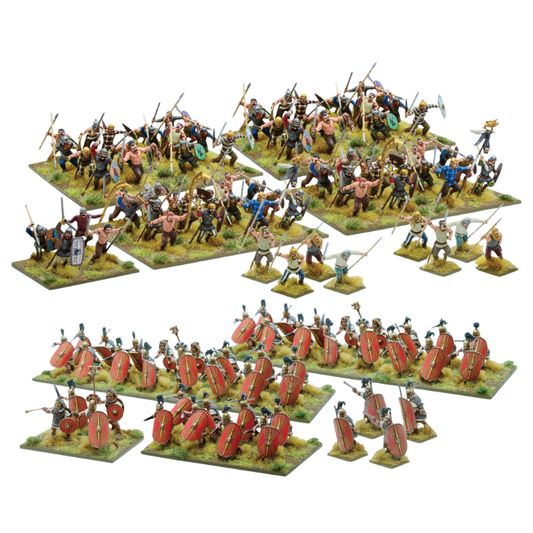 Caesar's Gallic Wars Starter Set 101510003 – obie armie razem: 80 figurek Galów z włóczniami i tarczami oraz 48 figurek legionistów rzymskich z czerwonymi tarczami scutum, widok z góry, 28mm Hail Caesar Warlord Games
