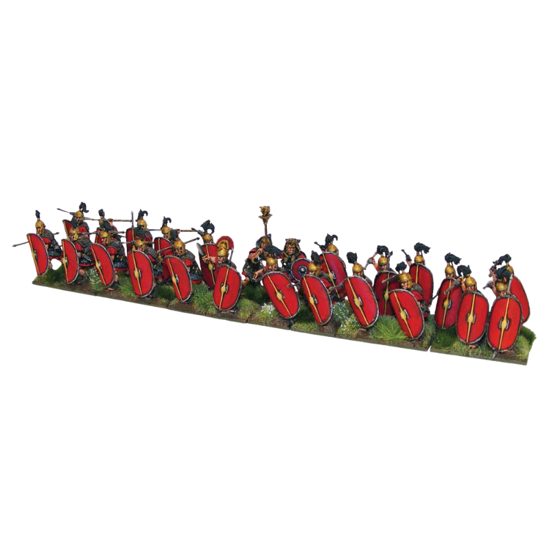 Caesarian Romans with Pilum WGH-CR-02 – 24 pomalowane plastikowe figurki legionistów Cezariańskich z czerwonymi tarczami scutum, złotymi hełmami Montefortino i czarnymi piórami, ustawione w szyku bojowym, 28mm Hail Caesar
