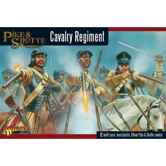 Cavalry Regiment Pike & Shotte - okładka pudełka z ilustracją trzech kawalerzystów w żółto-brązowych mundurach i stalowych hełmach strzelających z pistoletów i szarżujących z szablami - napis 12 multi-pose hard plastic 28mm Pike & Shotte cavalry - Warlord Games WGP-21
