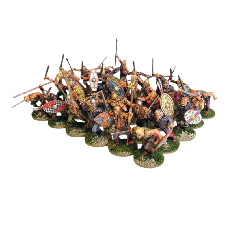 Celtic Warriors WGH-CE-01 – ok. 40 pomalowanych plastikowych figurek wojowników celtyckich z włóczniami, mieczami i kolorowymi tarczami w kratę i spirale, ustawieni w szyku bojowym na trawiastych podstawkach, 28mm Hail Caesar
