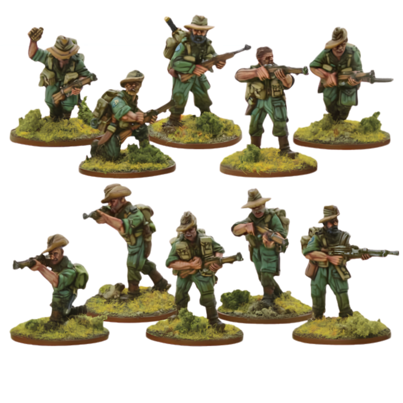 Chindit Section – 10 metalowych figurek piechoty brytyjskiej w tropikalnych mundurach i kapeluszach, uzbrojonych w karabiny Lee-Enfield, Bren LMG i PIAT, na okrągłych podstawkach z trawiastym terenem | Bolt Action | Warlord Games
