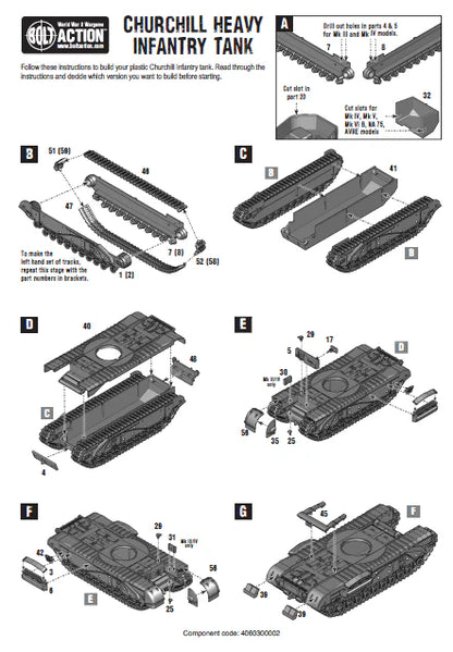Churchill Tank - Bolt Action 28mm - instrukcja montażu kadłub gąsienice części A-G - Warlord Games