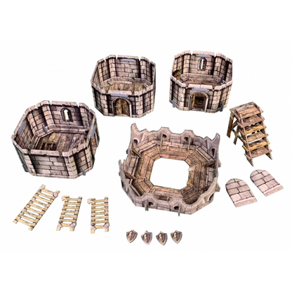 Citadel Tower BSTFWE011 28-35mm Battle Systems - wszystkie elementy rozłożone 3 wersje wieży schody drabiny tarcze widok z góry białe tło
