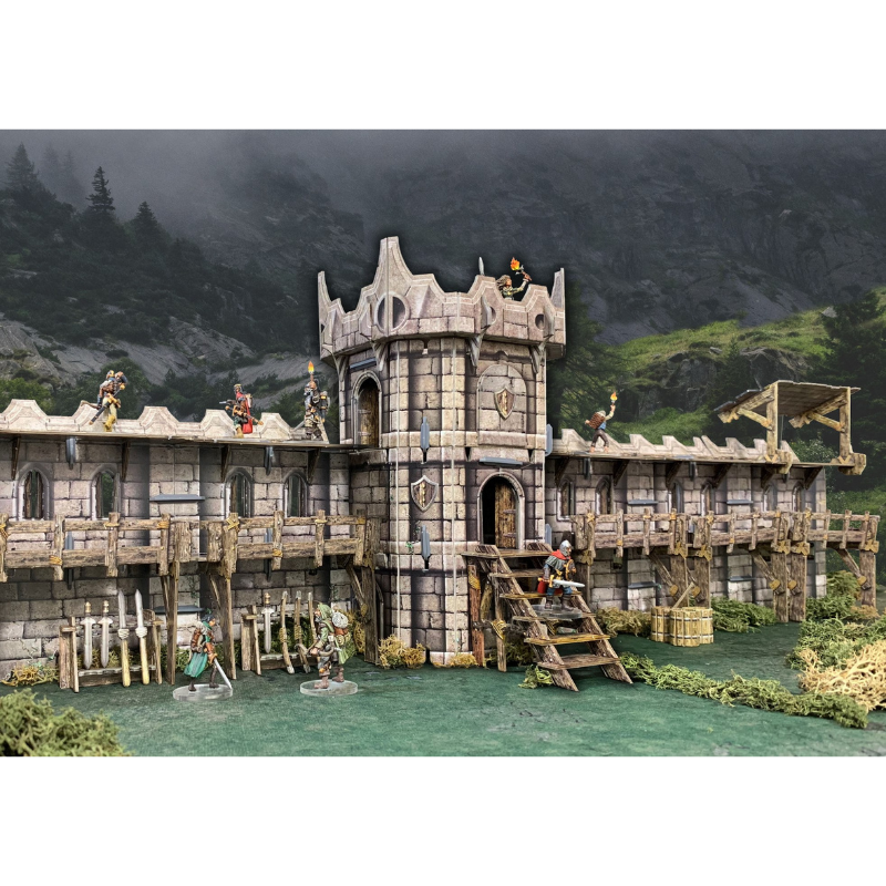 Citadel Tower BSTFWE011 28-35mm Battle Systems - wieża cytadeli z murami i figurkami rycerzy widok klimatyczny z przodu górskie tło
