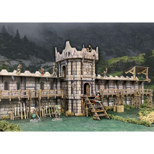 Citadel Tower BSTFWE011 28-35mm Battle Systems - wieża cytadeli z murami i figurkami rycerzy widok klimatyczny z przodu górskie tło
