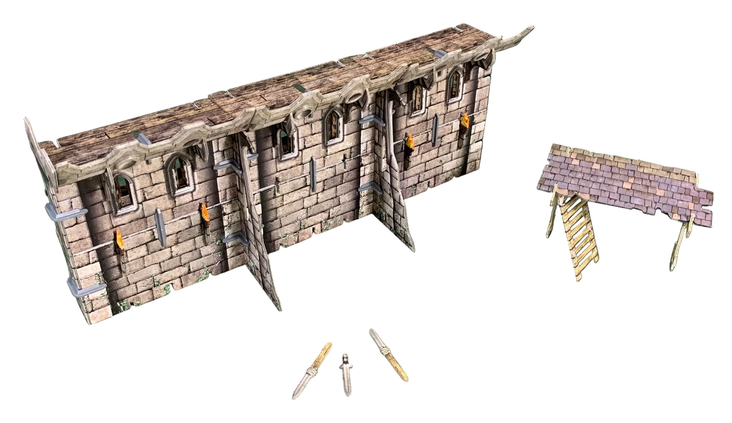 Battle Systems City Wall – zawartość zestawu: sekcja muru, rampy, chodniki, klamry i akcesoria
