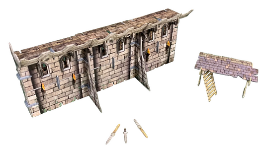 Battle Systems City Wall – zawartość zestawu: sekcja muru, rampy, chodniki, klamry i akcesoria
