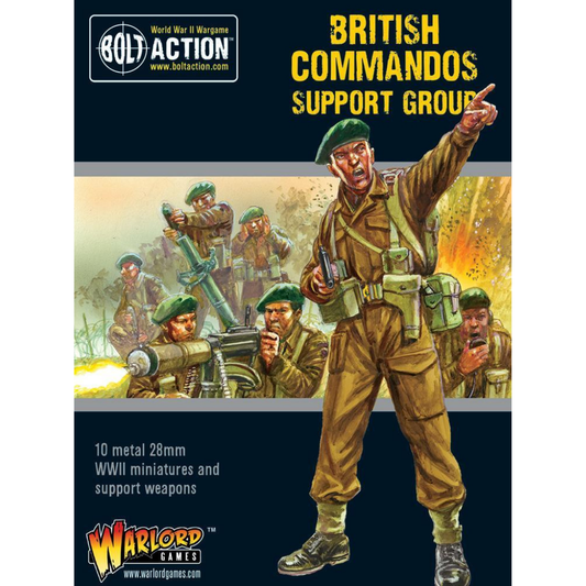 Commandos Support Group - Bolt Action 28mm - pudełko przód oficer Commando zielony beret Sten gun scena bitewna ilustracja - Warlord Games
