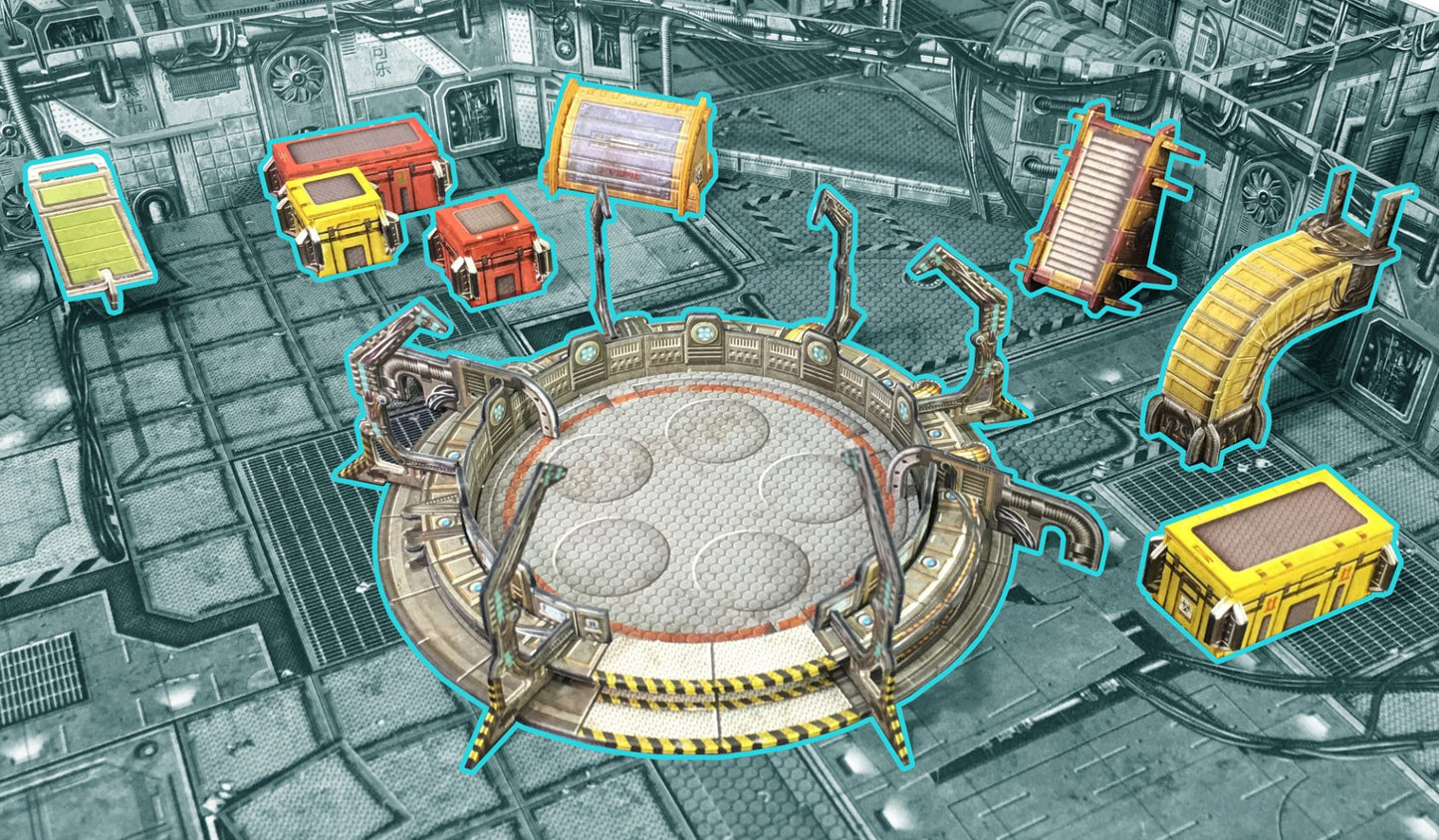 Core Space Galactic Corps – nowy teren 3D: Particle Transmitter pośrodku areny, 4 Cargo Crates, CO2 Scrubber, Storage Locker i Conduit na macie Core Space
