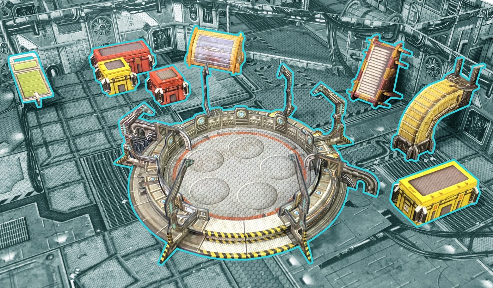 Core Space Galactic Corps – nowy teren 3D: Particle Transmitter pośrodku areny, 4 Cargo Crates, CO2 Scrubber, Storage Locker i Conduit na macie Core Space
