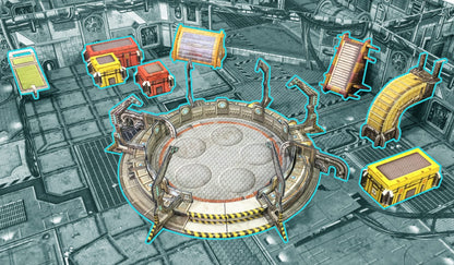 Core Space Galactic Corps – nowy teren 3D: Particle Transmitter pośrodku areny, 4 Cargo Crates, CO2 Scrubber, Storage Locker i Conduit na macie Core Space
