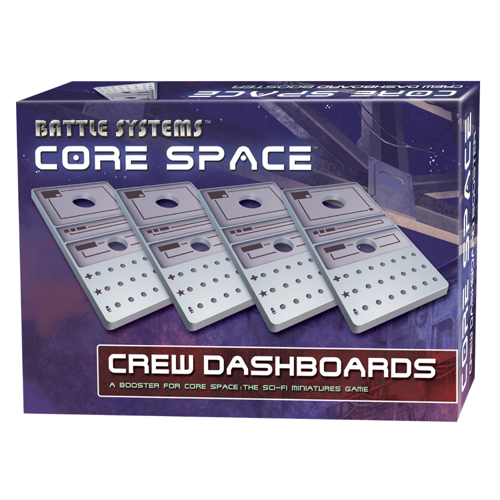 Core Space Crew Dashboards – pudełko boostera z grafiką 4 plastikowych plansz Crew Dashboard na fioletowym tle stacji kosmicznej, Battle Systems, A Booster for Core Space: The Sci-Fi Miniatures Game
