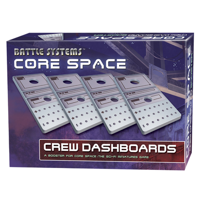 Core Space Crew Dashboards – pudełko boostera z grafiką 4 plastikowych plansz Crew Dashboard na fioletowym tle stacji kosmicznej, Battle Systems, A Booster for Core Space: The Sci-Fi Miniatures Game
