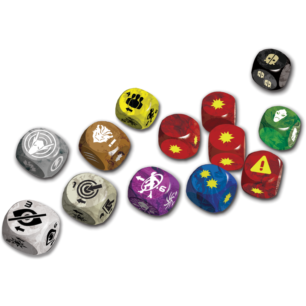 Core Space Dice Booster – 13 perłowych kości niestandardowych: 4 czerwone Combat Dice, 1 niebieska Combat Die, 1 biała Chance Die, 1 brązowa Purge Die, 1 żółta Worker Die, 1 szara First Born Die, 1 fioletowa Cerberosa Die, 1 niebieska Security Die, 1 zielona Knowledge Die i 1 czarna Talos Die na białym tle
