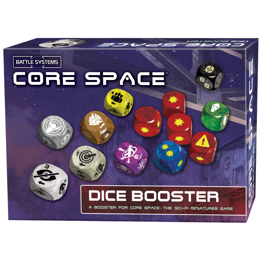 Core Space Dice Booster – pudełko boostera z 13 perłowymi kośćmi: 4 czerwone Combat, 1 niebieska Combat, 1 biała Chance, 1 brązowa Purge, 1 żółta Worker, 1 szara First Born, 1 fioletowa Cerberosa, 1 niebieska Security, 1 zielona Knowledge i 1 czarna Talos, Battle Systems
