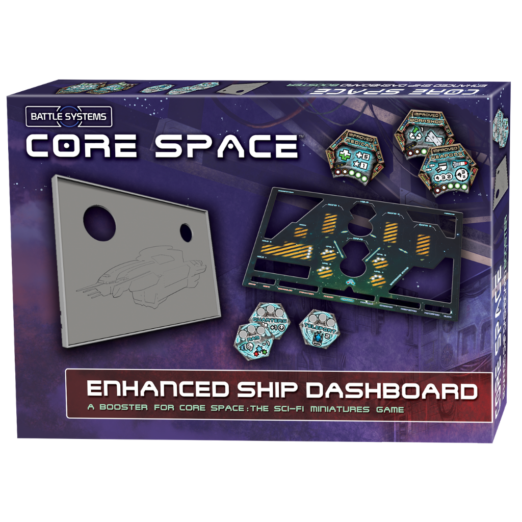 Core Space Enhanced Ship Dashboard – pudełko boostera z grafiką Ship Dashboard, Ship Overlay z żółto-czarnymi pasami, żetonami Zone Upgrade i Upgrade oraz kartami wyposażenia, Battle Systems, A Booster for Core Space: The Sci-Fi Miniatures Game
