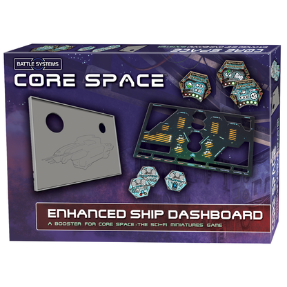 Core Space Enhanced Ship Dashboard – pudełko boostera z grafiką Ship Dashboard, Ship Overlay z żółto-czarnymi pasami, żetonami Zone Upgrade i Upgrade oraz kartami wyposażenia, Battle Systems, A Booster for Core Space: The Sci-Fi Miniatures Game
