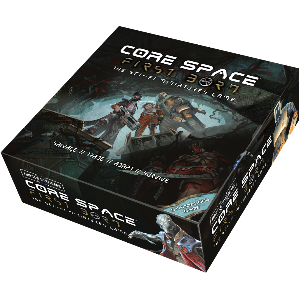 Core Space First Born – pudełko zestawu startowego z grafiką Traderów i First Born, Battle Systems, Standalone Game
