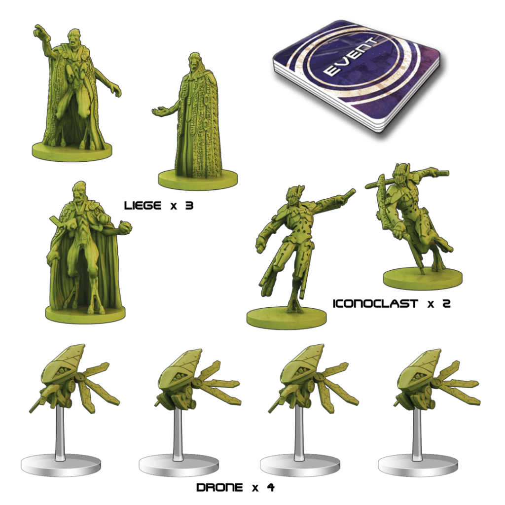 Core Space First Born Support – 9 niebielonych figurek: 3 Liege (w płaszczach), 2 Iconoclast (bojowe) i 4 Drone (latające na słupkach) oraz talia Event Cards na białym tle z podpisami
