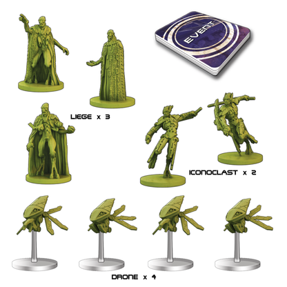 Core Space First Born Support – 9 niebielonych figurek: 3 Liege (w płaszczach), 2 Iconoclast (bojowe) i 4 Drone (latające na słupkach) oraz talia Event Cards na białym tle z podpisami
