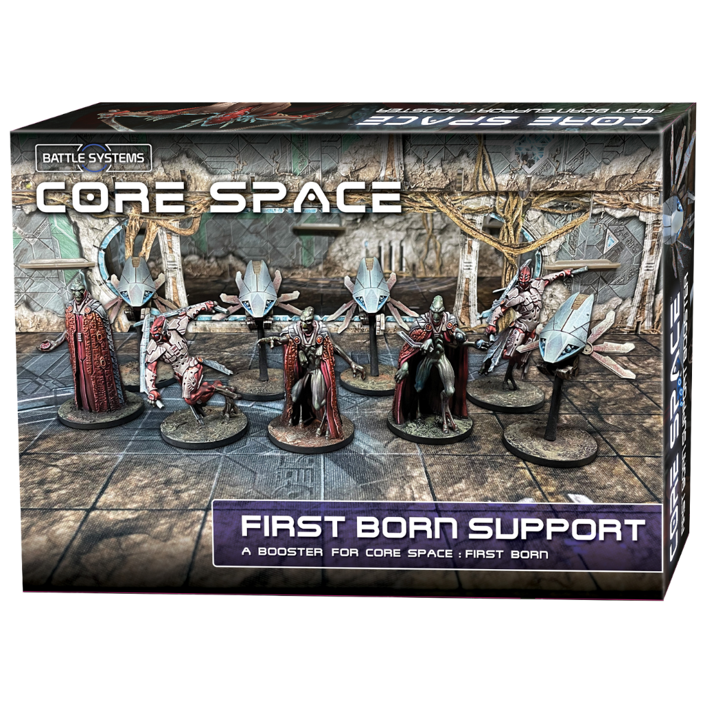 Core Space First Born Support – pudełko boostera z pomalowanymi figurkami 3 Liege, 2 Iconoclast i 4 Drone na tle świątyni First Born, Battle Systems, A Booster for Core Space: First Born
