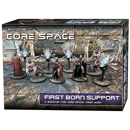 Core Space First Born Support – pudełko boostera z pomalowanymi figurkami 3 Liege, 2 Iconoclast i 4 Drone na tle świątyni First Born, Battle Systems, A Booster for Core Space: First Born
