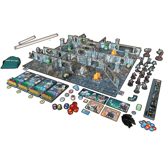 Core Space First Born – pełna zawartość zestawu startowego: arena 3D Alien Catacombs, 20 figurek, 4 plansze Tradera, woreczek, karty, kości, żetony i linijki zasięgu
