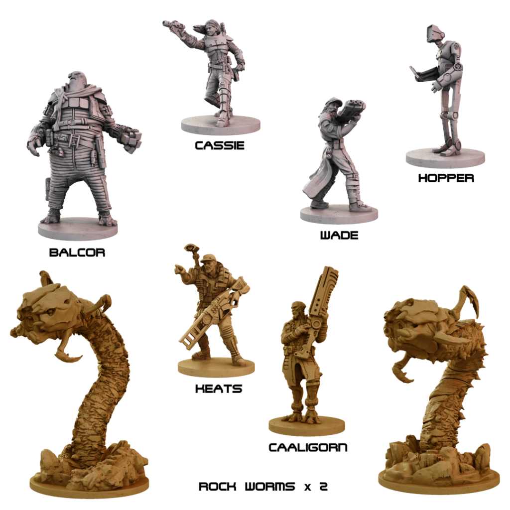 Core Space First Born – 4 figurki Traderów: Balcor, Cassie, Wade, Hopper oraz 2 Game Hunterzy: Heats, Caaligorn i 2 Rock Wormy na białym tle
