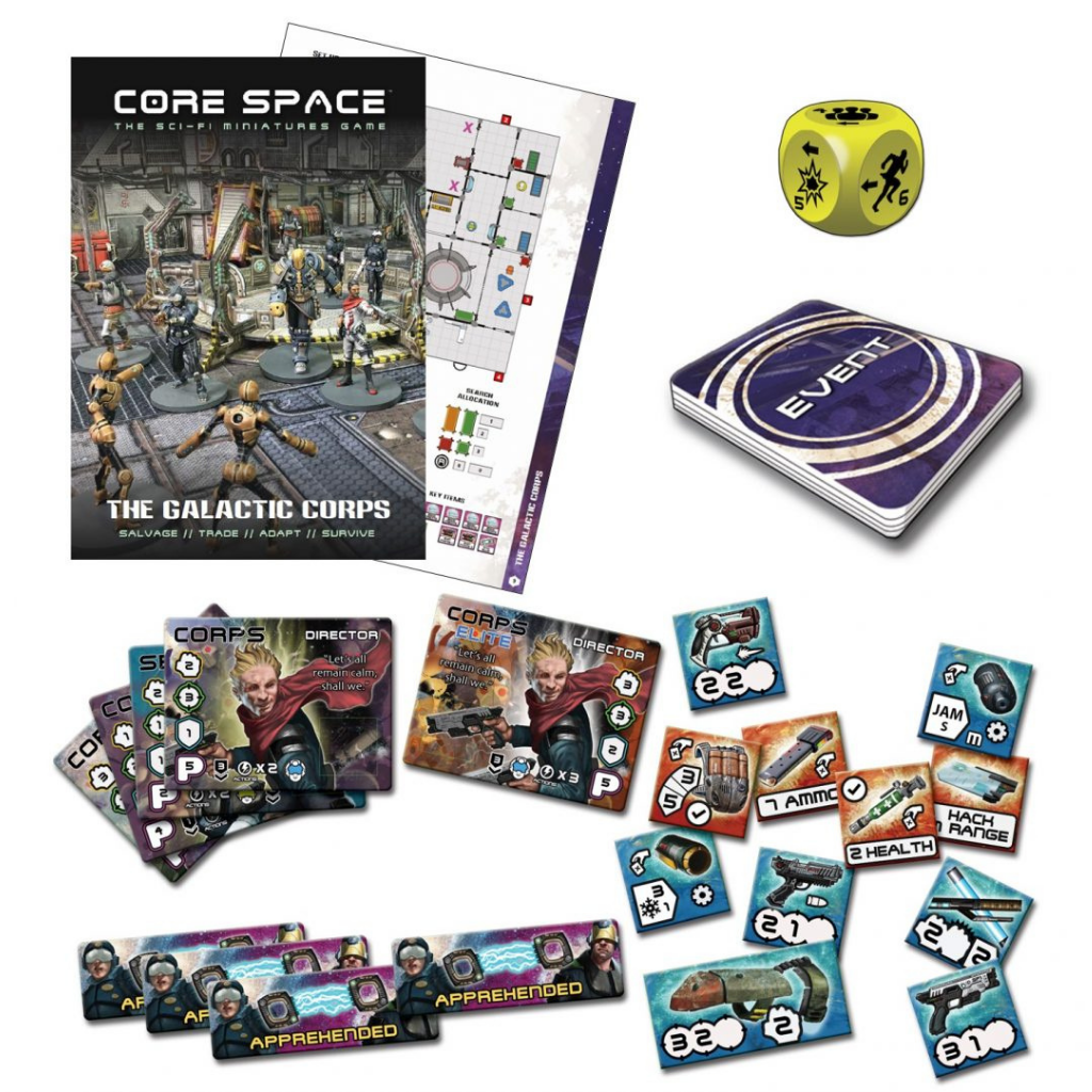Core Space Galactic Corps – zawartość zestawu: booklet The Galactic Corps, plansza misji, kość Security Die, karty Event, plansze postaci Apprehended, żetony wyposażenia
