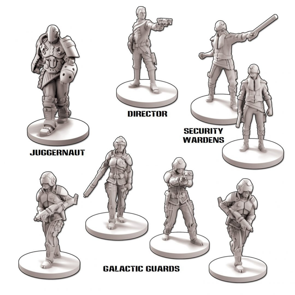Core Space Galactic Corps – 8 figurek: Juggernaut, Director, 2 Security Wardens, 4 Galactic Guards na białym tle
