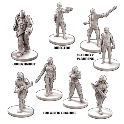 Core Space Galactic Corps – 8 figurek: Juggernaut, Director, 2 Security Wardens, 4 Galactic Guards na białym tle
