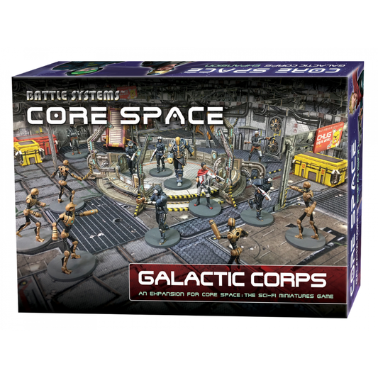 Core Space Galactic Corps – pudełko dodatku z grafiką Galactic Corps i Purge na arenie 3D, Battle Systems, An Expansion for Core Space
