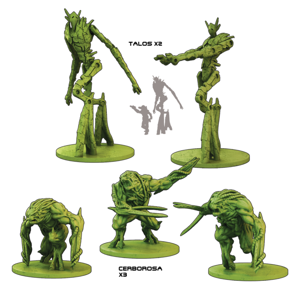Core Space Gates of Ry'sa – 5 figurek First Born: 2 Talos (wysokie humanoidalne konstrukty) i 3 Cerberosa (czworonożne bestie z mackami) na zielonych podstawkach
