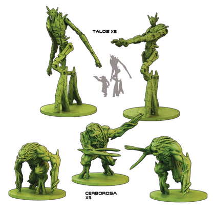 Core Space Gates of Ry'sa – 5 figurek First Born: 2 Talos (wysokie humanoidalne konstrukty) i 3 Cerberosa (czworonożne bestie z mackami) na zielonych podstawkach
