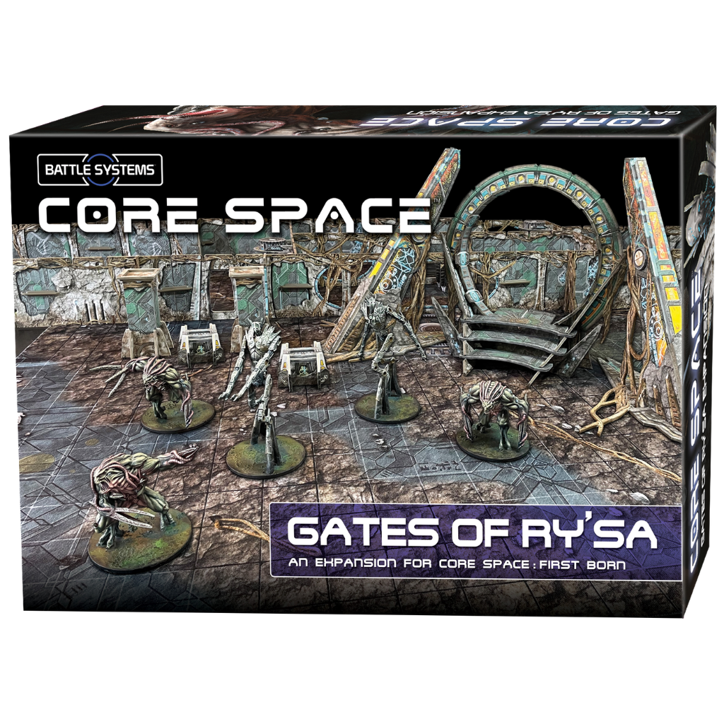 Core Space Gates of Ry'sa – pudełko dodatku z pomalowanymi figurkami Talos, Cerberosa i terenem Bramy Ry'sa na arenie First Born, Battle Systems
