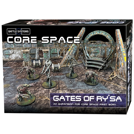 Core Space Gates of Ry'sa – pudełko dodatku z pomalowanymi figurkami Talos, Cerberosa i terenem Bramy Ry'sa na arenie First Born, Battle Systems
