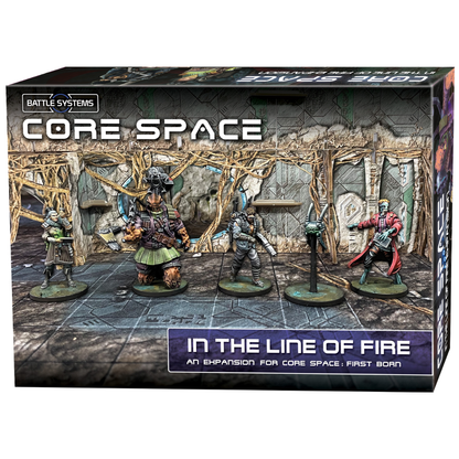 Core Space In the Line of Fire – pudełko dodatku z pomalowanymi figurkami Mi'soon, Bulworth, Zain i Laurinda na arenie First Born z korzeniami i drzwiami, Battle Systems
