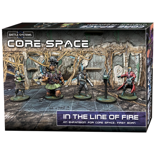 Core Space In the Line of Fire – pudełko dodatku z pomalowanymi figurkami Mi'soon, Bulworth, Zain i Laurinda na arenie First Born z korzeniami i drzwiami, Battle Systems
