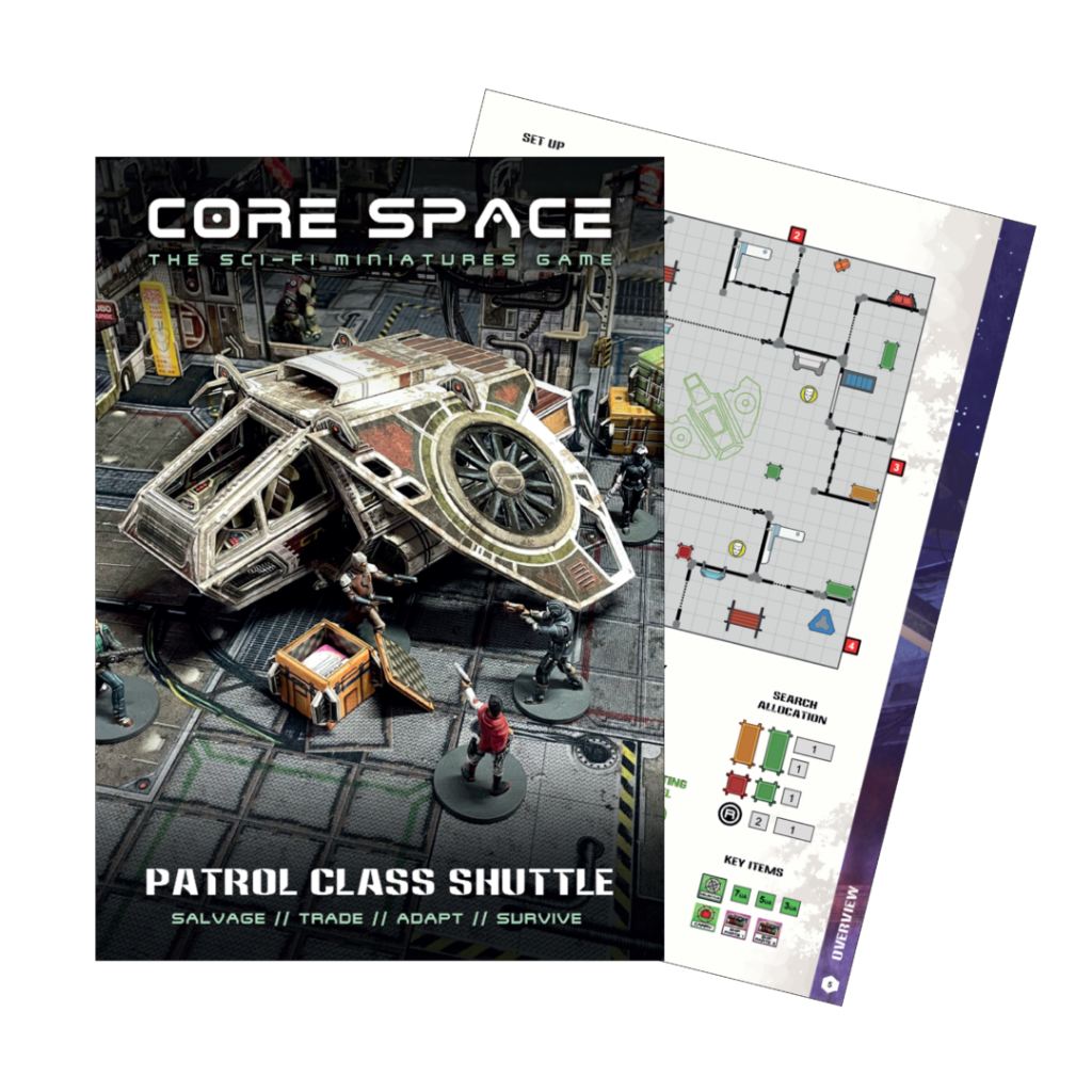 Core Space Patrol Class Shuttle – booklet "Patrol Class Shuttle – Salvage // Trade // Adapt // Survive" z okładką promu i Traderów oraz rozkładana mapa misji z planem stacji i tabelą Search Allocation
