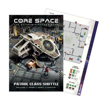 Core Space Patrol Class Shuttle – booklet "Patrol Class Shuttle – Salvage // Trade // Adapt // Survive" z okładką promu i Traderów oraz rozkładana mapa misji z planem stacji i tabelą Search Allocation
