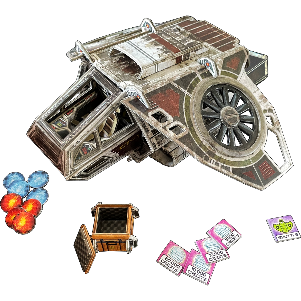Core Space Patrol Class Shuttle – zawartość zestawu: złożony prom Patrol Class Shuttle 3D, Cargo Crate, 8 żetonów uszkodzeń (niebieskie i czerwone), 5 żetonów wyposażenia i znacznik Shuttle na białym tle
