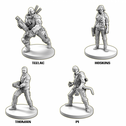 Core Space Poseidon Crew – 4 niebielone figurki: Teelac (łysy z karabinem), Hoskins (kobieta z pistoletem), Thoman (z shotgunem) i Pi (z goglami) na białym tle z podpisami
