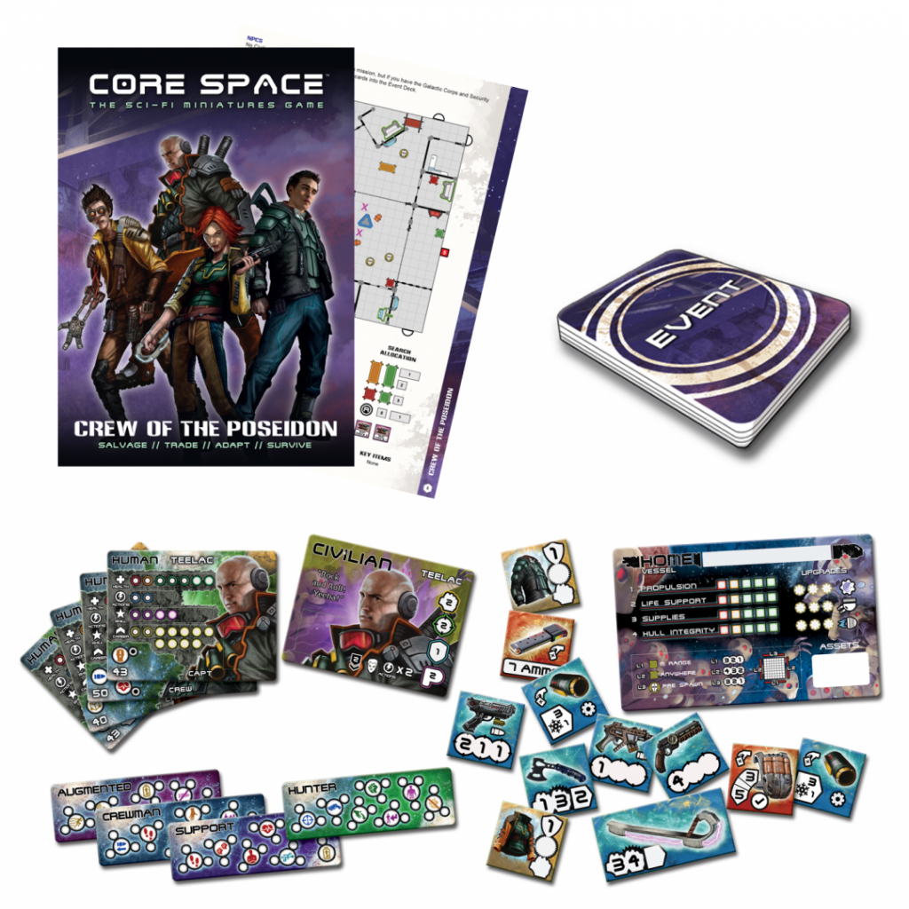 Core Space Poseidon Crew – zawartość papierowa: booklet Crew of the Poseidon, mapa misji, talia Event Cards, odwracalne plansze postaci Human/Civilian Teelac, plansze klas Augmented/Crewman/Support/Hunter, Ship Board i żetony wyposażenia
